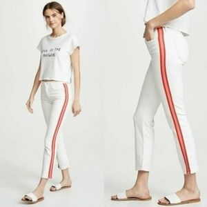 MOTHER Denim Dazzler Crop White Cream Straight Jeans Pink Stripe